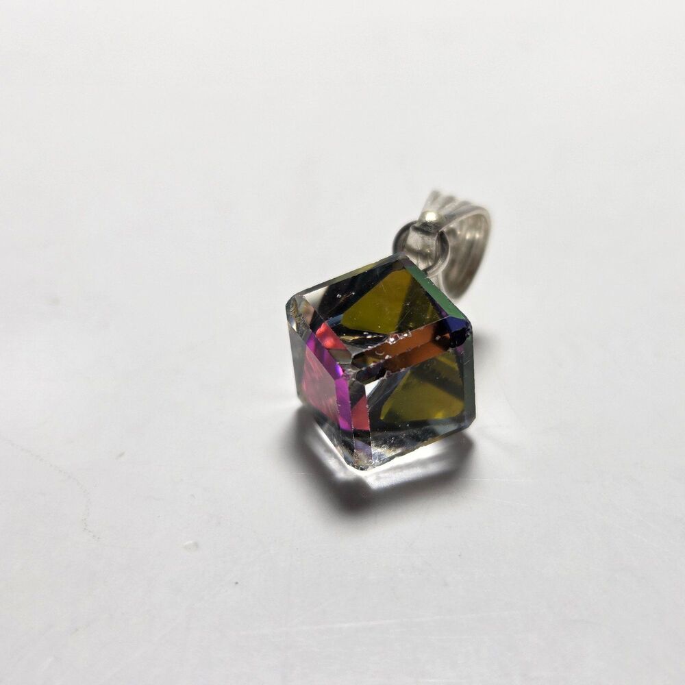 Vtg Swarovski Crystal Cube Pendant Rainbow 3D Aurora Borealis 925 Silver
